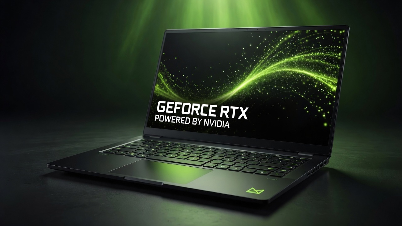 Black performance laptop with a glowing green particle wave on screen and GeForce RTX branding