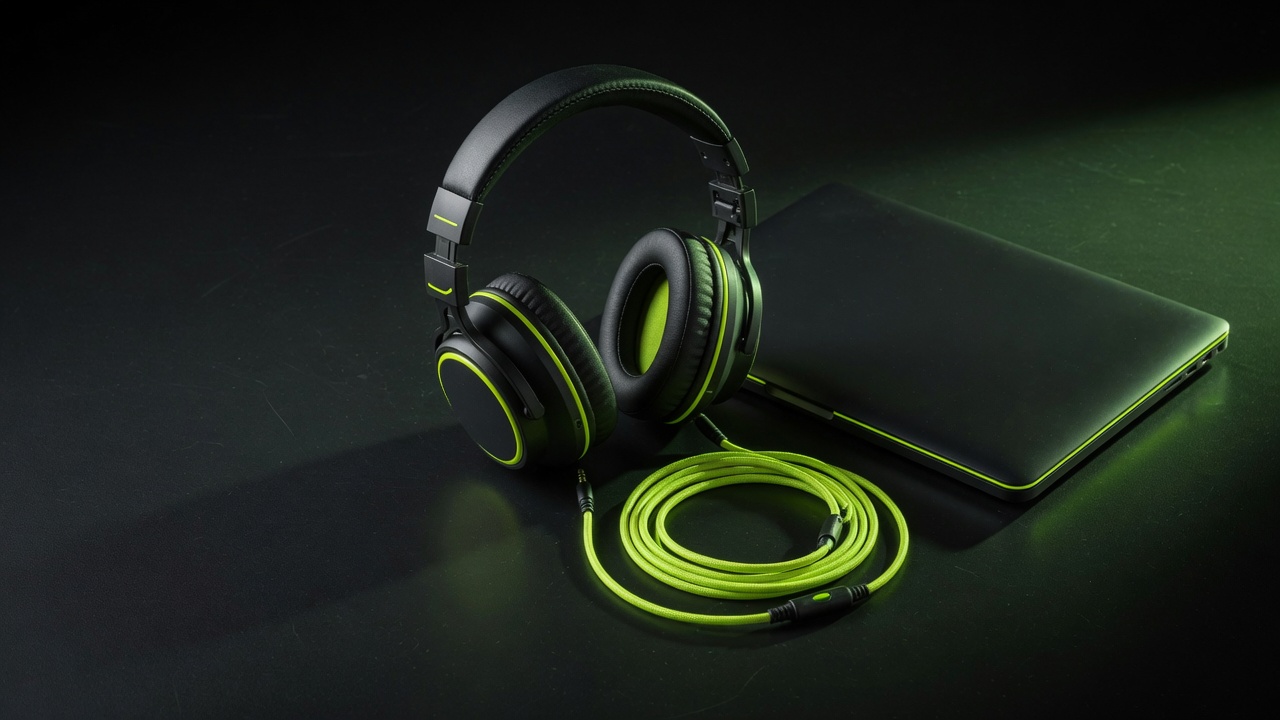 Black and lime-green headphones beside a closed laptop